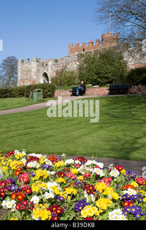 hertford castle summer flowers town centre county town hertfordshire england uk gb Stock Photo