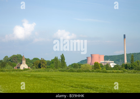 Ironbridge Coal Fired Power Station and Buildwas church on a sunny summers day Shropshire England United Kingdom GB Stock Photo