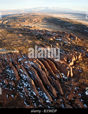 Aerial landscape of canyon in Arches National Park Utah United States Stock Photo