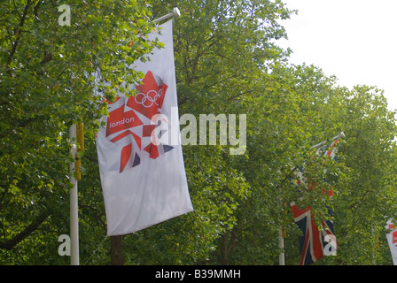 2012 London Oylmpic Games flag and Union Jack flag hanging in the Mall London England 2008