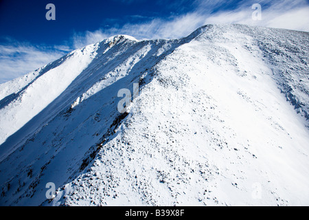 Aerial scenic of snowy Sangre De Cristo Mountains Colorado United States in winter Stock Photo