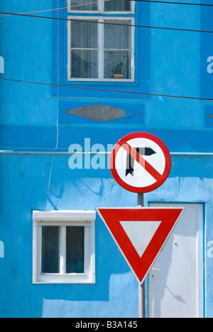 TRAFFIC SIGN OBLIGATION: DON'T TURN RIGHT. SIGHISHOARA ROMANIA