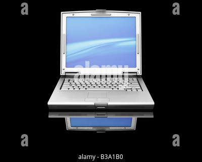 3D render of a titanium laptop on a black background Stock Photo