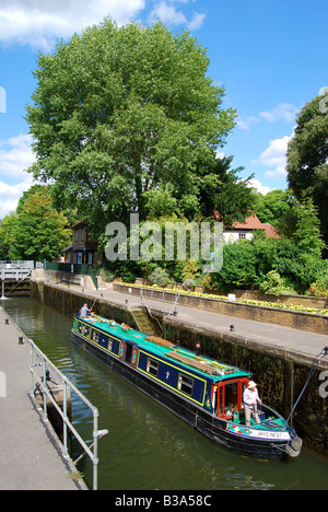 Canal boat in lock, Boulters Lock, Maidenhead, Berkshire, England, United Kingdom Stock Photo