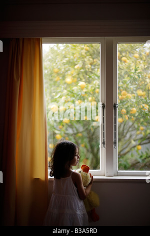Girl aged 5 looks out window holding soft toy duck Stock Photo