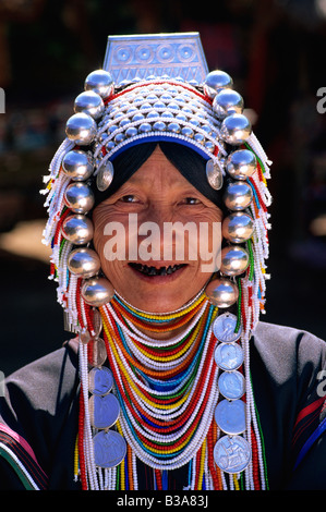 Thailand, Chiang Rai, Akha Hilltribe Woman Wearing Traditional Silver Headpiece Stock Photo