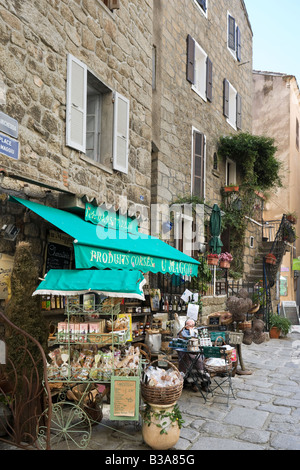 Shop selling traditional Corsican products, Place du Maggiu, Vieille Ville (Old Town), Sartene, Alta Rocca, Corsica, France Stock Photo