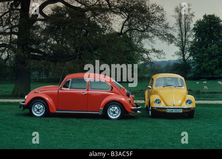 Volkswagen Beetle. Left 1973 GT, right 1975 1300. Stock Photo
