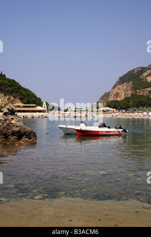 AYIOS SPYRIDHON BEACH AND BAY AT PALEOKASTRITSA ON THE GREEK IONIAN ISLAND OF CORFU. Stock Photo