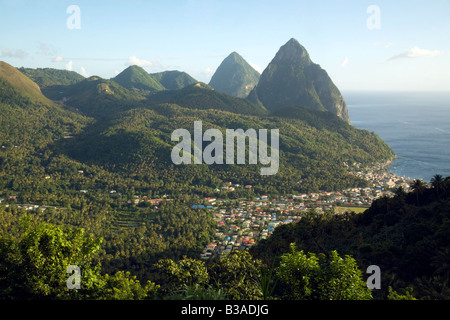 The town of Souffriere and the Pitons seen at sunset, St Lucia, 'West Indies' Stock Photo