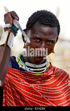 The MASAI WARRIOR with spear NGORONGORO CRATER TANZANIA Stock Photo