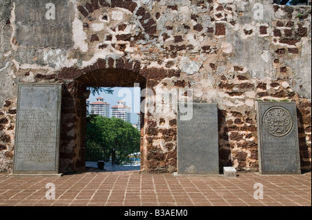 Looking at the past with a window to the future - Old Dutch tombstones in the ruins of the Portuguese built St. Pauls Church, Malacca, Malaysia Stock Photo