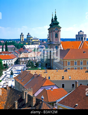 Hungary, Eger, high view over town square and St Nicolas church Stock Photo