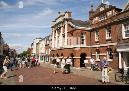 North Street pedestrian precinct in city centre with 19th century Assembley Rooms. Chichester West Sussex England UK Stock Photo