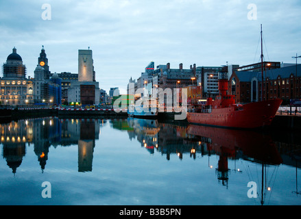 July 2008 - The red light ship at canning dock next to Albert dock with the Liver building in the background Liverpool England