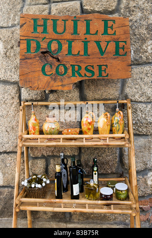 Local shop selling traditional Corsican olive oil, Vieille Ville (Old Town), Sartene, Corsica, France Stock Photo