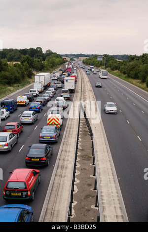 Traffic congestion due to an accident on the M11 motorway heading north between J7 Harlow and J8 Stansted Airport in Essex UK Stock Photo