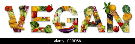 Vegan word set with fruit and vegetables Stock Photo