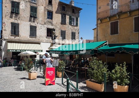 Restaurant in Place Goffory in haute ville (old town), Corte (former capital of independent Corsica), Central Corsica, France Stock Photo