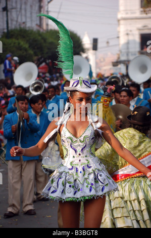 Costumed dancer taking part in the parade celebrating the Virgen de Guadalupe in Sucre, Bolivia Stock Photo