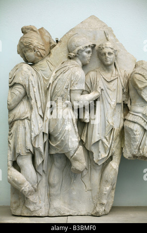 Detail of the Telephos Frieze shows as Telephos receives arms from Auge in the Pergamon Museum in Berlin, Germany Stock Photo