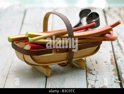 Rhubarb in a wooden basket on a wooden floor Stock Photo