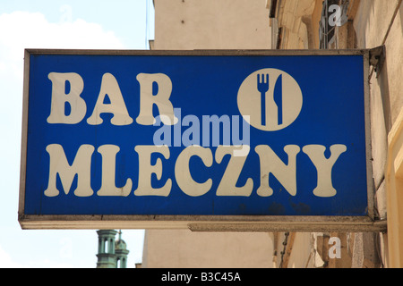 Sign for a Bar Mleczny, or milk bar in Krakow. Milk bars are remnants ...