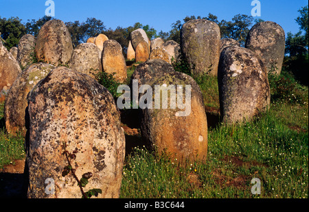 Portugal, Alentejo, Cromlech of Almendres. The Almendres Cromlech megalithic complex near Guadalupe, Evora is one of the earliest public monuments. It is the largest existing group of structured menhirs in the Iberian Peninsula, and one of the largest in Europe. Stock Photo