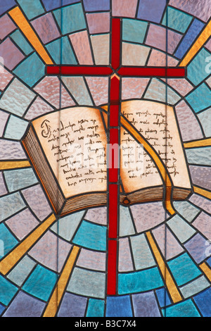 Stained glass window of Santa Lucia (saint Lucy), patron saint of eyes, in church on Gran Canaria in The Canary Islands. Stock Photo