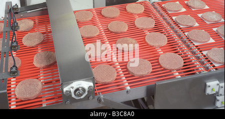 Hamburger Burger Patties Meat On Assembly Line In Beef Processing Wrapping Plant, USA Stock Photo