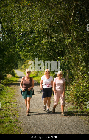 Three smiling blonde middle aged women on walking holiday on the Ystwyth Trail cycle path, near Aberystwyth Wales UK Stock Photo