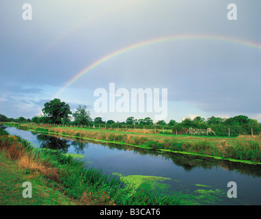 Rainbow over landscape and River Tone in Somerset, England Stock Photo