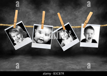 Polaroid Photos of a Toddlers Many Expressions Against a Grunge Mottled Background Stock Photo