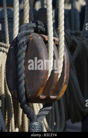 Detail of rigging of old tall sailing ship. Stock Photo