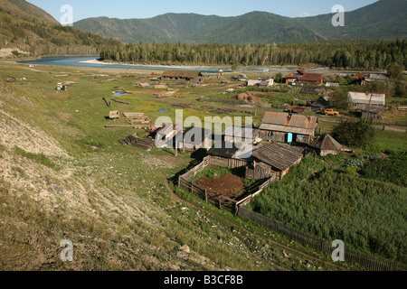 Tungur Village and the Katun River in the Altai Mountains, Russia Stock Photo