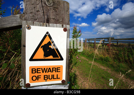 A warning sign stating 'BEWARE OF BULL' beside a country track. Stock Photo