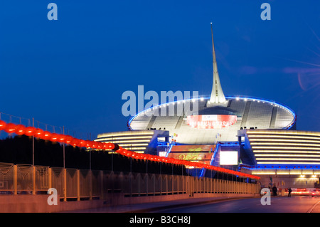 China, Beijing. Chinese New Year Spring Festival - lantern decorations illuminated on the China Millenium Monument Museum. Stock Photo