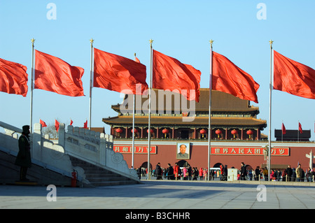 China, Beijing. Chinese New Year Spring Festival - flags and red lantern decorations on the Gate of Heavenly Peace in Tiananmen Stock Photo