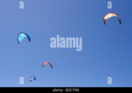 Kites flying against blue sky
