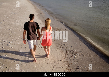 Young couple walking along beach, elevated view