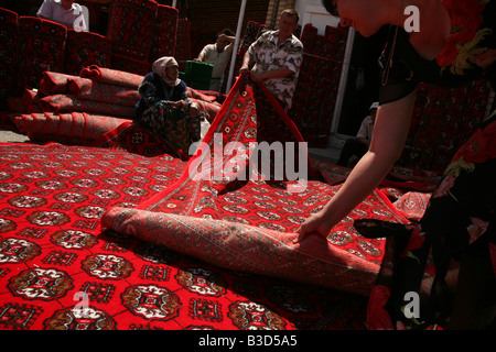 Carpet market in Urgench, Uzbekistan Stock Photo