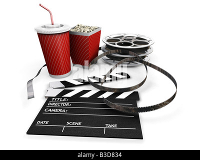 Popcorn with drink, film reel and cinema clap isolated on white