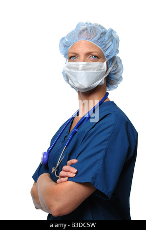 Surgical female wearing mask isolated on white Stock Photo