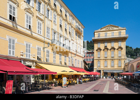 Restaurants by the Marche aux Fleurs, Cours Saleya in the old town (Vieux Nice), Nice, Cote d'Azur, French Riviera, France Stock Photo