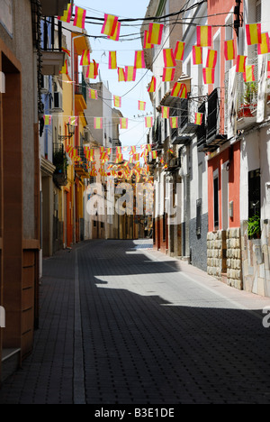 Streets decorated ready for the annual Bull Running Fiesta. Calasparra, Spain Stock Photo