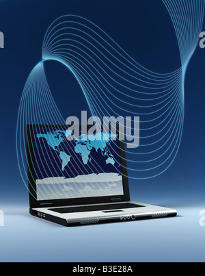 Laptop with world map on screen and lines flowing Stock Photo