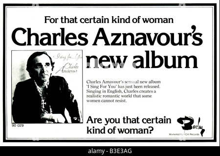 1975 Young Women's Magazine Advertisement for a New Record Album from Charles Aznavour . FOR EDITORIAL USE ONLY Stock Photo