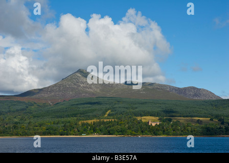 Looking across Brodick Bay to Goat Fell and Brodick Castle, seen from Brodick, Isle of Arran, Strathclyde, Scotland UK Stock Photo