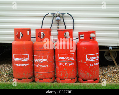 Britain, UK. Calor Gas cylinders and two hose regulator valve fitting ...