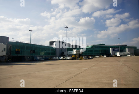 Manchester International Airport Terminal Buildings taken from air-side - runway-tarmac Stock Photo